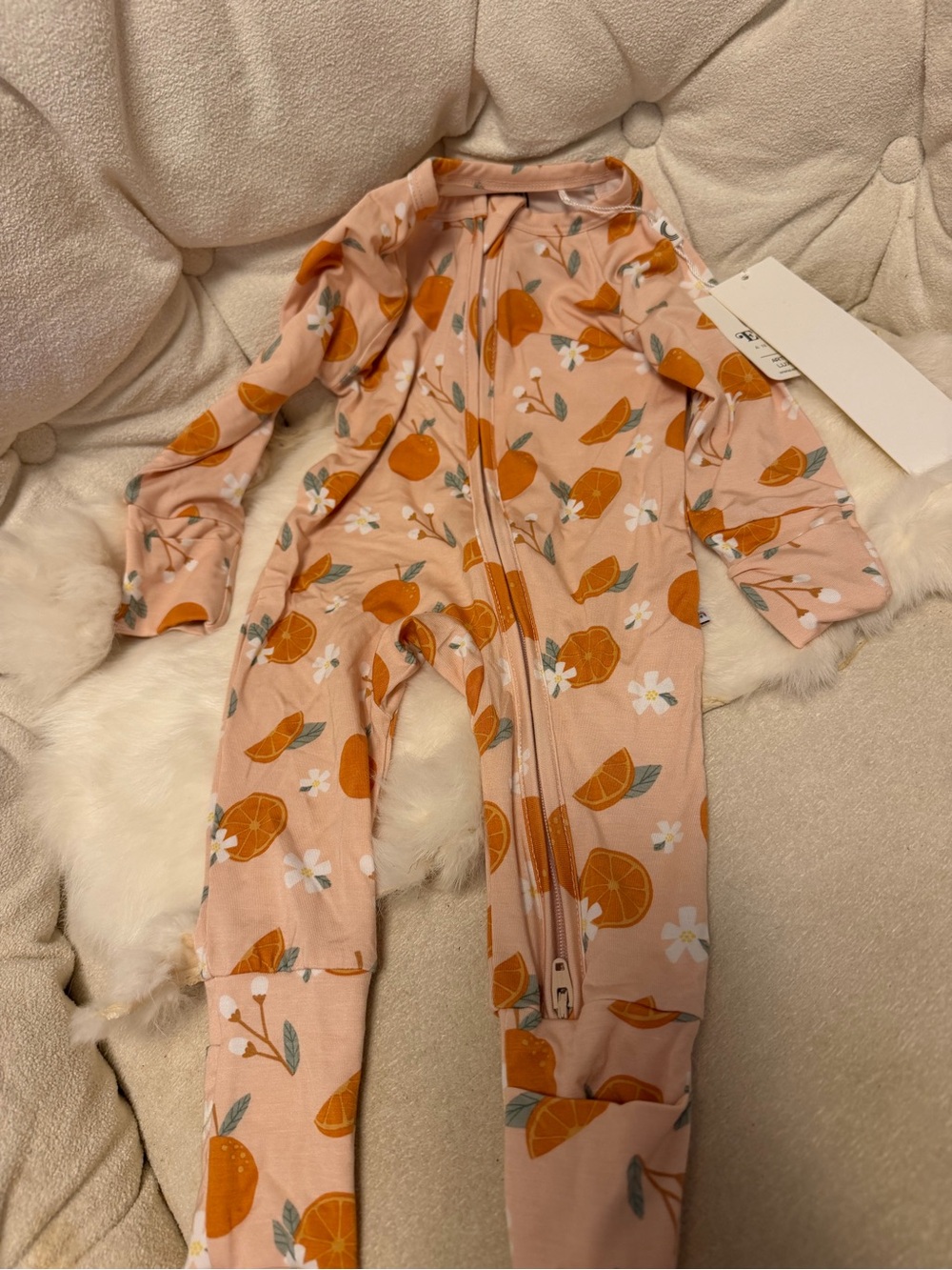 Baby Girls Peach Orange Print Zip Footie - Soft Pink